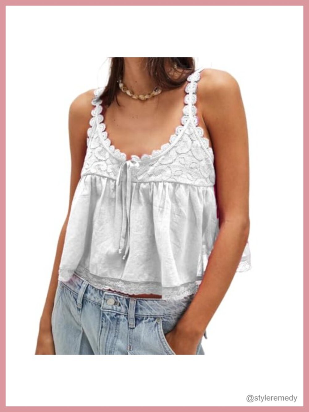 Scoop Neck Tie Front Crop Tank Top Lace Trim Flowy Semi Sheer Babydoll